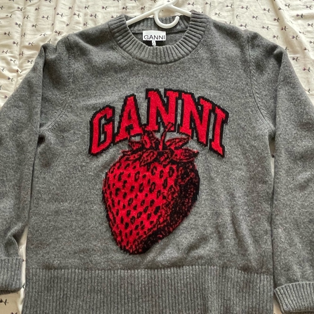 Ganni grey sweater with red Ganni and strawberry